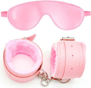 Premium Blindfold & Adjustable Wrist Cuff Set with Leash [Pink]